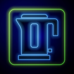 Sticker - Glowing neon Electric kettle icon isolated on blue background. Teapot icon. Vector.