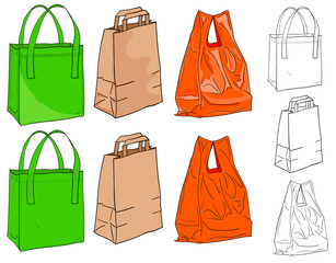 Bags for shopping. A textile bag, a paper bag and a plastic bag to choose from in color and black and white. Illustration for the background of emblems and thematic pointers. A variety of materials fo