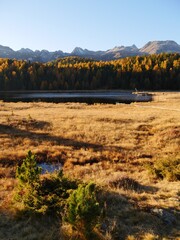 Sticker - Breathtaking shot of a lake near a dry grassland on a mountain landscape background