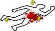 Crime scene outline of a body on the ground with a blood spatter and three yellow evidence flags.
