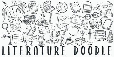 Literature Doodle Line Art Illustration. Hand Drawn Vector Clip Art. Banner Set Logos.