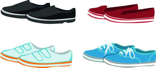  Shoes: men's shoes, summer shoes, Slippers, sneakers. Set of images. Vector isolated illustrations.