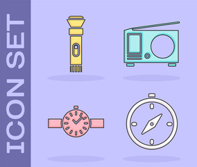 Sticker - Set Compass, Flashlight, Wrist watch and Radio with antenna icon. Vector.