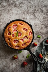 Homemade Skillet strawberry Cake with copy space