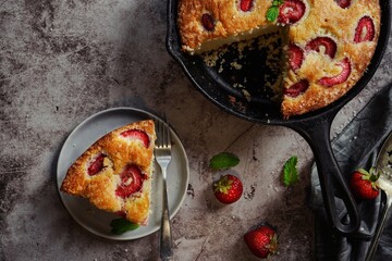 Poster - Homemade Skillet Strawberry Cake, selective focus