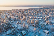 Winter View Of Russian Country Suburban Village Settlement, Russian Village, Aerial Sunny Drone Shot, Near Saint-Petersburg