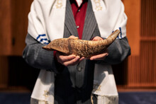 Synagogue: Man Blowing Shofar For High Holidays