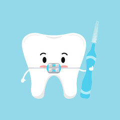 Wall Mural - Cute tooth with dental braces and interdental brush in hand hygiene concept isolated on blue background. Tooth sign emoji character vector flat design kawaii style kid tooth mascot illustration.