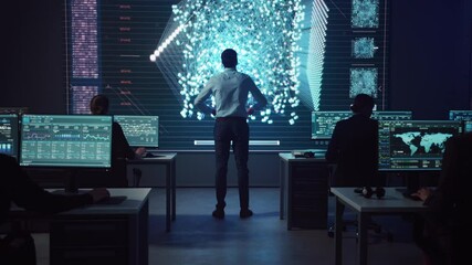 Aufkleber - Project manager Walks to a Big Screen with Neural Network. Team of Professional Computer Data Science Engineers Work on Desktops in a Dark System Control and Monitoring Telecommunications Office.