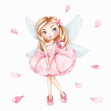 Cute Pink Fairy With Light Blue Wings; Watercolor Hand Draw Illustration; Can Be Used For Card Or Invitation; With White Isolated Background