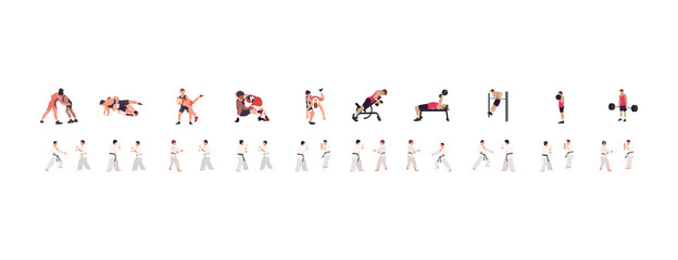 Man workout illustration set, gym, karate, wrestling illustration set