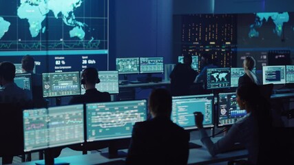 Fototapete - Team of Professional Computer Data Science Engineers Work on Desktops with Screens Showing Charts, Graphs, Infographics, Technical Neural Network Data and Statistics. Dark Control and Monitoring Room.