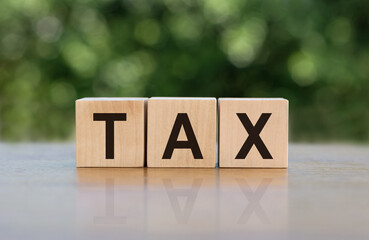 Wall Mural - TAX word written on wooden blocks. The concept of taxation, increase taxes and fees