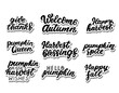 © Elena - Happy harvest quotes stickers set. Pumpkin kisses harvest wishes. Pumpkin spice. Welcome autumn. Harvest blessings. Hand lettering phrase set with autumn yellow leaves