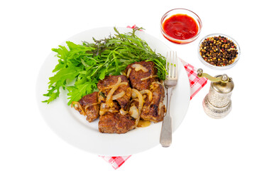 Wall Mural - Pieces of fried liver with onions, fresh leaves of salads