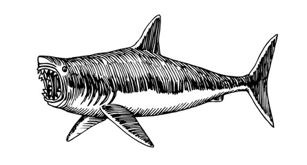 great white shark with open jaws, dangerous sea predator, prehistoric fish megalodon, vector illustration with black ink lines isolated on a white background in a hand drawn style