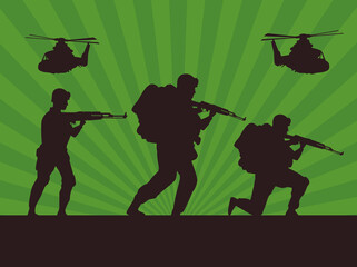 Wall Mural - military soldiers with guns and helicopters silhouettes in green background