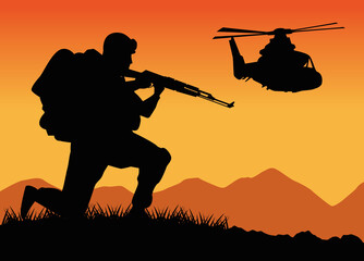 Wall Mural - military soldier with gun and helicopter silhouette figure in the camp