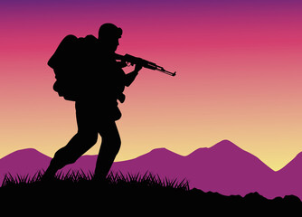 Wall Mural - military soldier with gun silhouette figure in the field