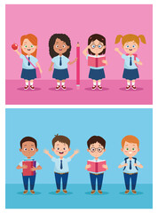 Canvas Print - little students group with uniforms characters