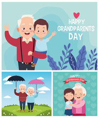 Wall Mural - cute happy grandparents with little kids in the camp