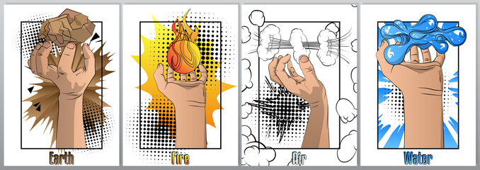 Hand holding four nature element: earth (ground), fire, water and wind - comic book style, cartoon vector illustration. Poster