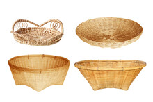 Wicker Baskets And Bamboo Basket On White