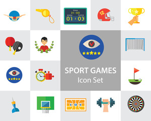 Canvas Print - Sport Games Icon Set. Champions Cup Table Tennis Swimming Sport Whistle Scoreboard Shuttlecock Golf Clubs Basketball Field Dart Basketball Hoop Football Gate Darts Target Golf