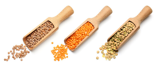 Scoop with lentils on white background