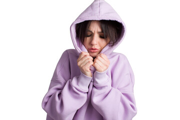 Wall Mural - a young brunette woman in a pink hoodie. Isolated on white background