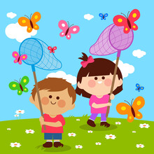 Children With Butterfly Nets Catching Butterflies. Vector Illustration