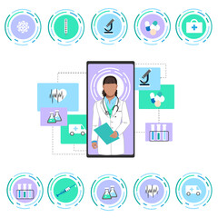 Wall Mural - Online medical consultation with a doctor. Vector set of icons on a white background.