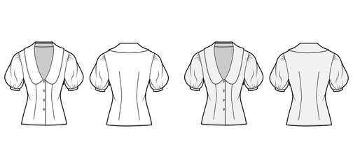 Blouse technical fashion illustration set with collar framing the plunging V neck, oversized medium puffed sleeves, fitted body. Flat apparel template front back white grey color. Women men unisex CAD