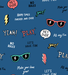 Wall Mural - hand drawn slogans with some illustrations. Vector seamless pattern