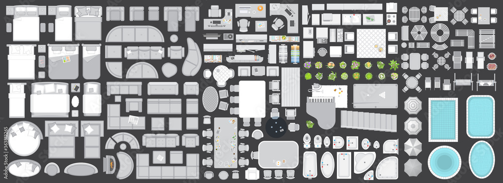 Icons set of interior. Furniture top view. Elements for the floor plan. (view from above). Furniture and elements for living room, bedroom, kitchen, bathroom, office. - obrazy, fototapety, plakaty 