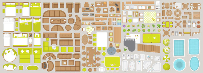 Icons set of interior. Furniture top view. Elements for the floor plan. (view from above). Furniture and elements for living room, bedroom, kitchen, bathroom, office.