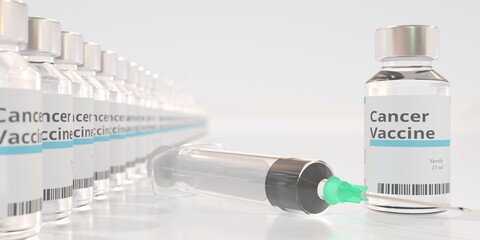 Wall Mural - Glass vials with cancer vaccine and syringe. 3D rendering