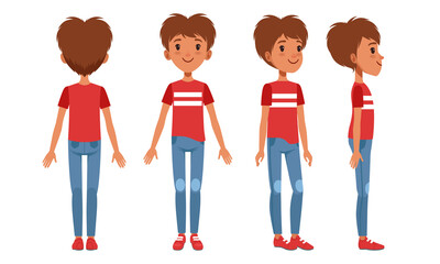 Sticker - Full Length Portrait of Teenage Boy Character in Fashionable Clothes from Different Sides Front, Back and Side View, Cartoon Style Vector Illustration