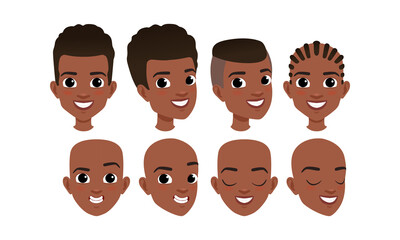 Canvas Print - Male Heads Set, Cheerful African American Boys Characters with Various Hairstyles, Frontal, Profile, Three Quarter Turn View Cartoon Style Vector Illustration