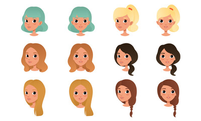 Wall Mural - Heads of Cute Girls Set, Beautiful Female Characters with Various Hairstyles Cartoon Style Vector Illustration