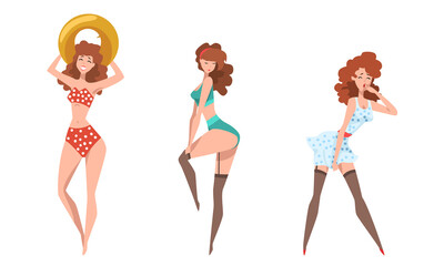 Poster - Seductive Pin up Girls Set, Beautiful Sensual Young Women Dressed Stylish Clothing Posing Cartoon Style Vector Illustration