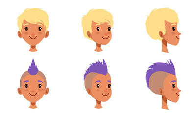 Sticker - Male Heads Set, Caucasian Boy Characters with Various Hairstyles, Frontal, Profile, Three Quarter Turn View Cartoon Style Vector Illustration