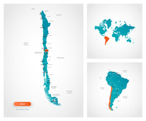 Wall Mural - editable template of map of chile with marks. chile on world map and on south america map.