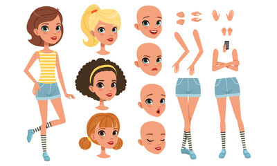 Wall Mural - Cute Girl Constructor for Animation, Pretty Female Character in Various Poses and Hairstyles, Separate Girl Body Parts Collection Cartoon Style Vector Illustration