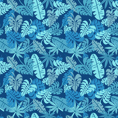  Tropical seamless pattern, palm leaves floral background. Exotic plant leaf print illustration. Summer blue jungle print. Leaves of palm tree on paint lines. Flat hand drawn vector design