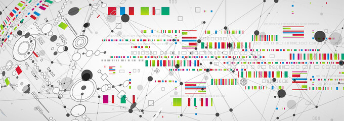 Abstract technology concept with plexus effect. Circuit board, high computer color background. Vector illustration with space for content, web - template, business tech presentation.