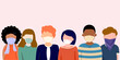 © Kate - Group of people wearing cloth face covering or fabric mask to protect and help slow spread of Covid19 or Coronavirus, disease, flu, air pollution and contamination. Diverse people. Vector illustration