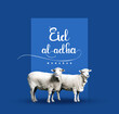 calligraphy text of Eid Mubarak for the celebration of Muslim community festival Eid Al Adha. Greeting card with sacrificial sheep
