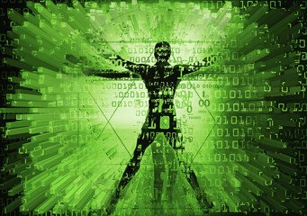 
Modern Vitruvian man and computer data.
Futuristic grunge stylized Illustration of green vitruvian man with destroyed binary codes.