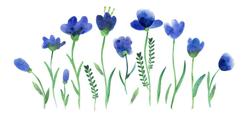 Watercolor set with leaves and fantasy blue flowers on long green stalks isolated on white. Great for your design of fabrics, wrapping papers, wallpapers, home posters, cards.